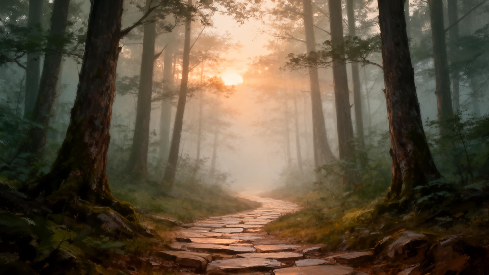 Misty forest trail at dawn